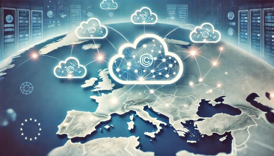 A conceptual illustration showing connections between multiple logo-free clouds representing cloud providers, interconnected with glowing lines to symbolize data exchange and interoperability. Below the clouds, a subtle, outlined map of the European Union is integrated into the background, giving context to the geographical scope. The overall design features a clean, modern aesthetic with a gradient of light blue and white, emphasizing a digital and futuristic atmosphere. The clouds and map are harmoniously blended for a cohesive tech-inspired visual.