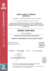 ISO / IEC 27001 Certificate of compliance Ukraine and Europe Clouds