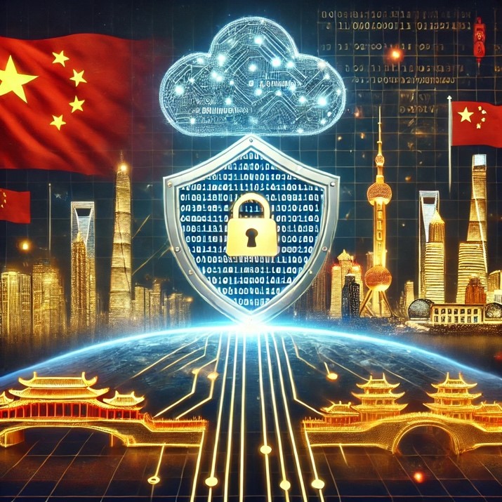 A conceptual illustration representing the digital sovereignty of China, without any red flags. The image features digital elements such as a shield made of binary code, a secure data cloud, and interconnected Chinese landmarks (e.g., the Great Wall, Shanghai Tower) symbolizing a unified digital infrastructure. The background includes a glowing cybersecurity grid, representing protection against cyber threats. The color scheme is dominated by gold and futuristic neon accents to highlight technology and security, with no national flags included.