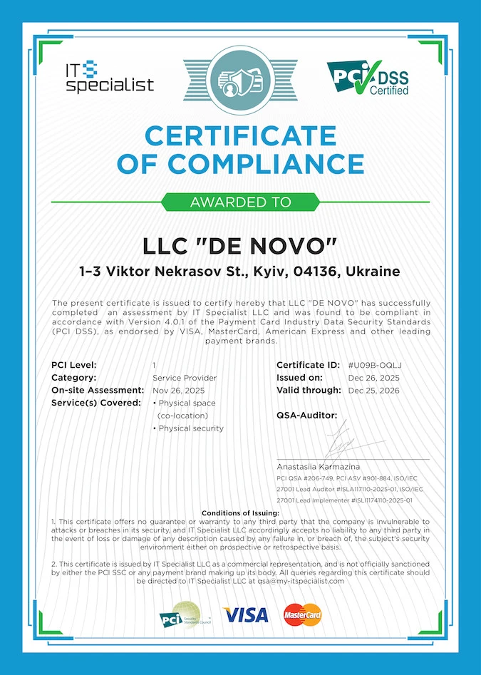 PCI DSS certificate DE Novo