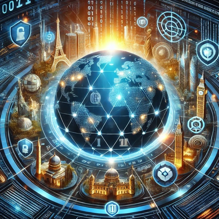 A high-quality conceptual illustration representing international digital sovereignty. The image features a futuristic, glowing globe surrounded by interconnected digital elements such as binary code, secure data clouds, and cybersecurity shields. Major international landmarks (e.g., Eiffel Tower, Statue of Liberty, Great Wall of China, Big Ben, Burj Khalifa) are seamlessly integrated into a sophisticated digital network, symbolizing global cooperation in digital security. The background includes a sleek, neon-lit cybersecurity grid and abstract digital pathways, representing protection against cyber threats and data sovereignty. The color scheme includes deep blue, gold, and futuristic neon highlights to emphasize technology and security. The style is modern, polished, and highly detailed, evoking a sense of global digital unity.