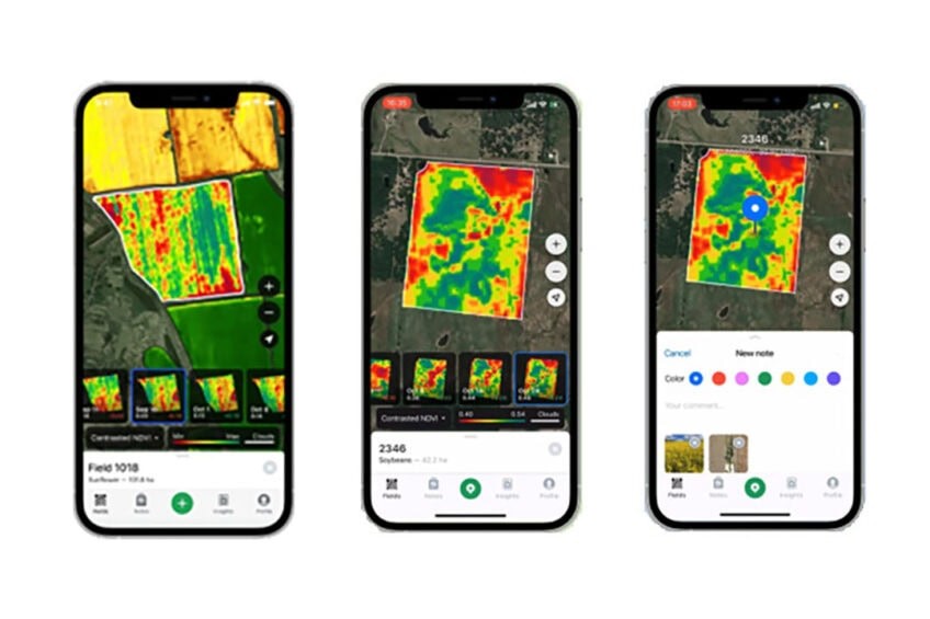 The app OneSoil identifies field boundaries, crops and NDVI biomass based on satellite imagery.