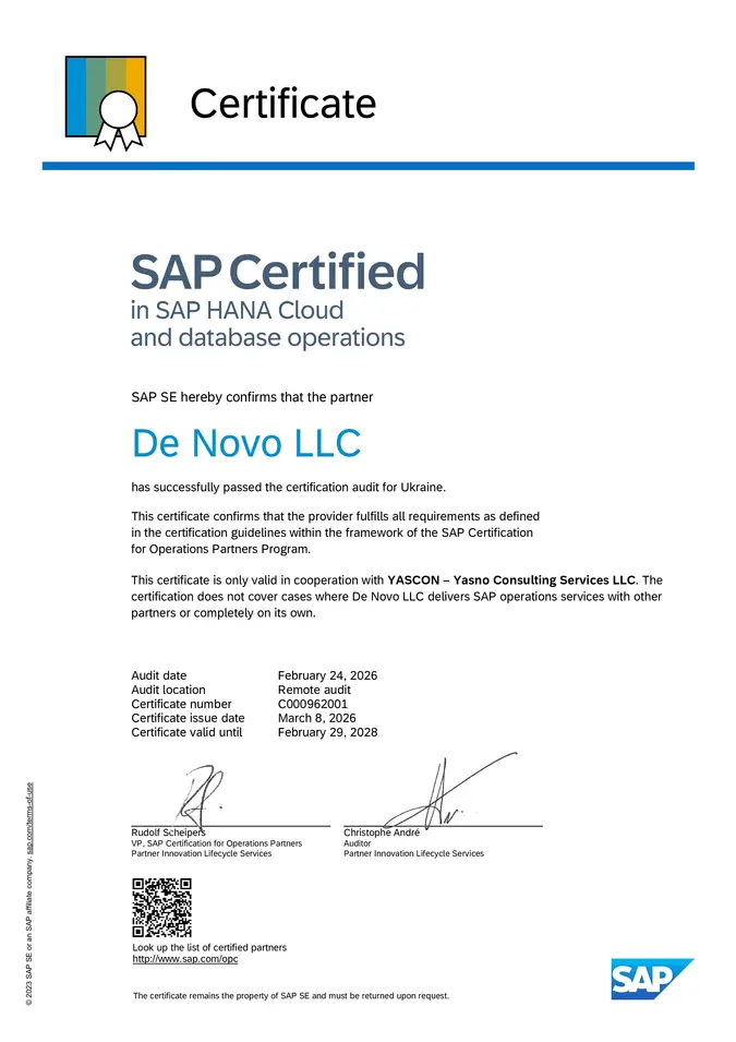De Novo SAP Certified in SAP HANA Cloud and database operations