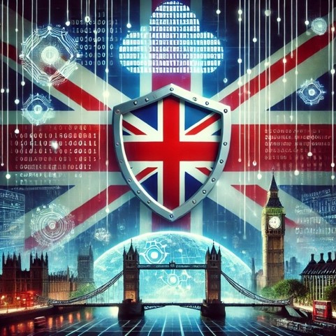 A conceptual illustration representing the digital sovereignty of Great Britain. The image features the Union Jack integrated with digital elements such as a shield made of binary code, a secure data cloud, and interconnected British landmarks (e.g., Big Ben, Tower Bridge) symbolizing a unified digital infrastructure. The background includes a glowing cybersecurity grid, representing protection against cyber threats. The color scheme is dominated by red, white, and blue, with futuristic neon accents to highlight technology and security.