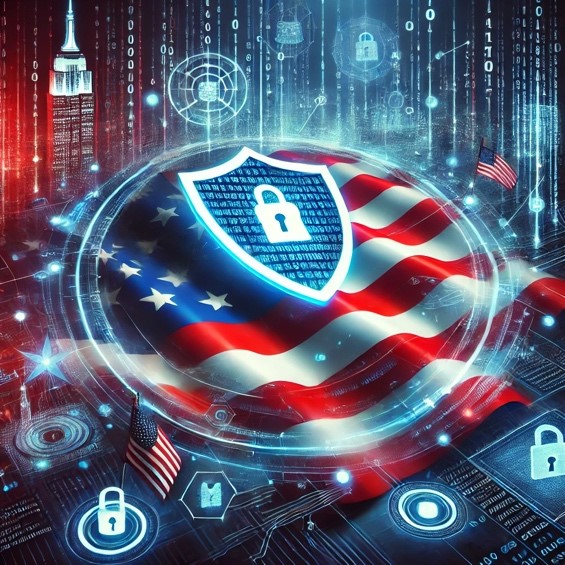 A conceptual illustration representing the digital sovereignty of the United States. The image features the U.S. flag integrated with digital elements such as a shield made of binary code, a secure data cloud, and interconnected American landmarks symbolizing a unified digital infrastructure. The background includes a glowing cybersecurity grid, representing protection against cyber threats. The color scheme is dominated by red, white, and blue, with futuristic neon accents to highlight technology and security.